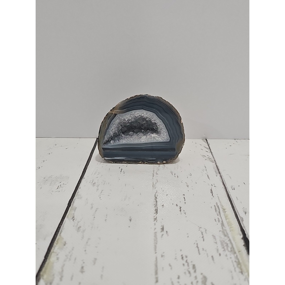 Gray Agate Geode Slice w/ Druzy Quartz Crystal Center Specimen